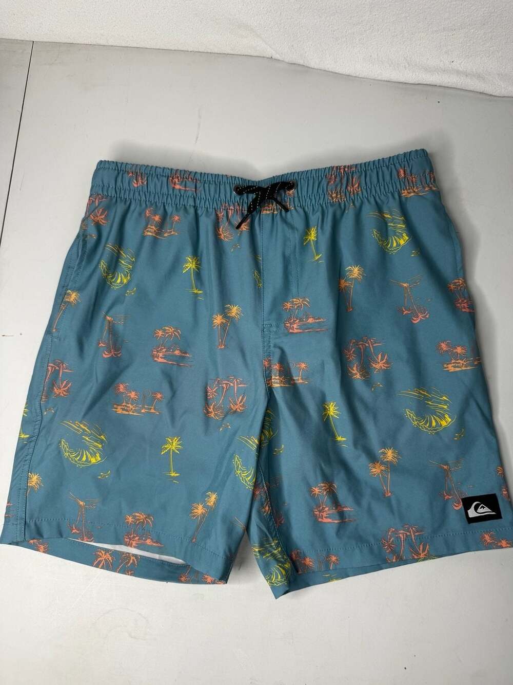 Quiksilver Swim Shorts Size L (14/16) Blue Palm Tree Volley Trunks